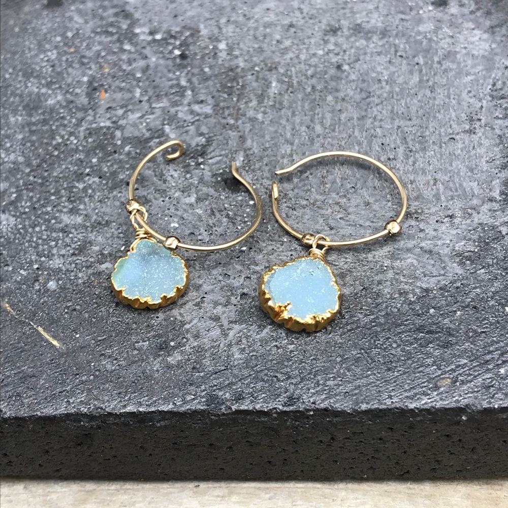 Blue gray Druzy with 14 k gold fill hoops - Picture 6 of 6
